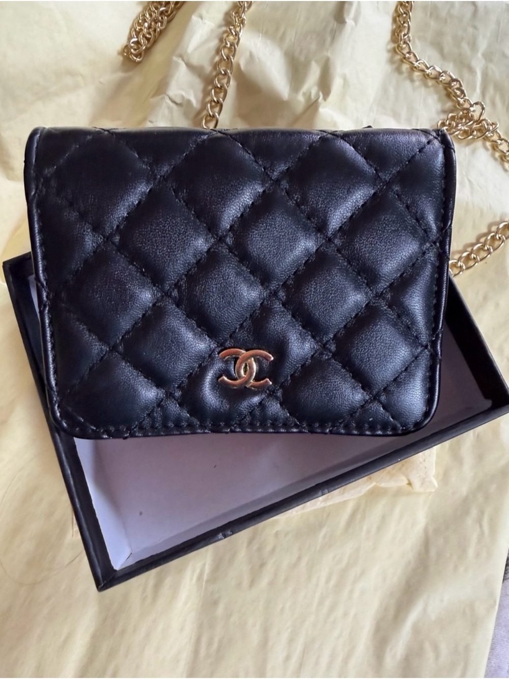 Black Quilted Mini Chain Wallet with Gold Hardware